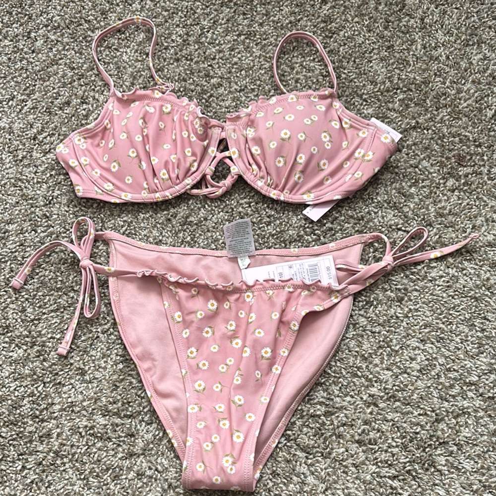 Pink Daisy Print Tie-Side Bikini Set